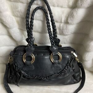 leather black satchel /detachable shoulder bag with gold tone ha…